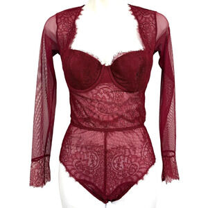 Victorias Secret Red Lace Underwire Long Sleeve Body Suit Sheer sz 34B / Small